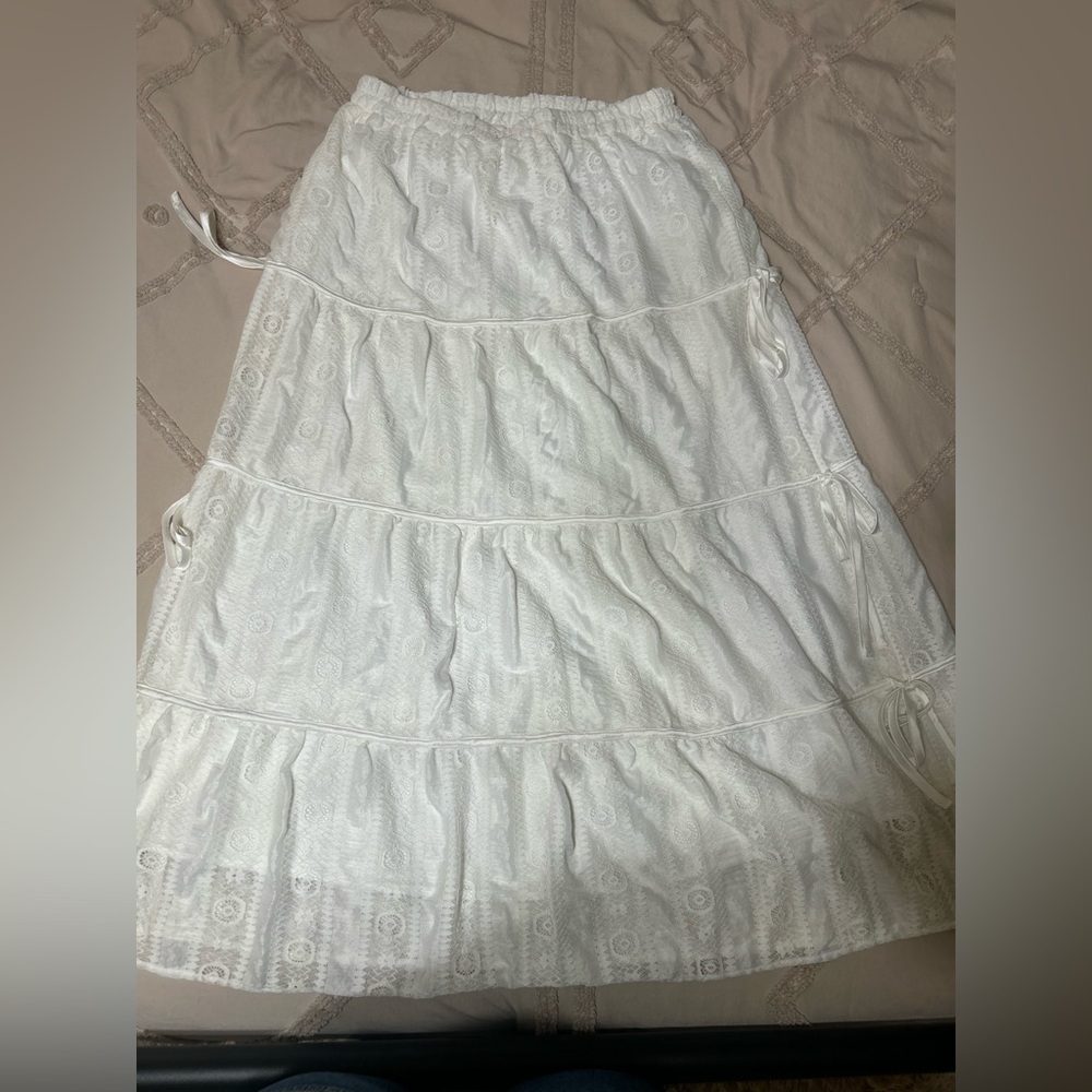 Main Strip White Tiered Eyelet Maxi Skirt with Side Ties